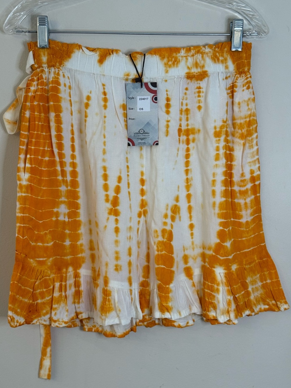 Sacred Threads tie dye shorts orange white pockets bow ruffles